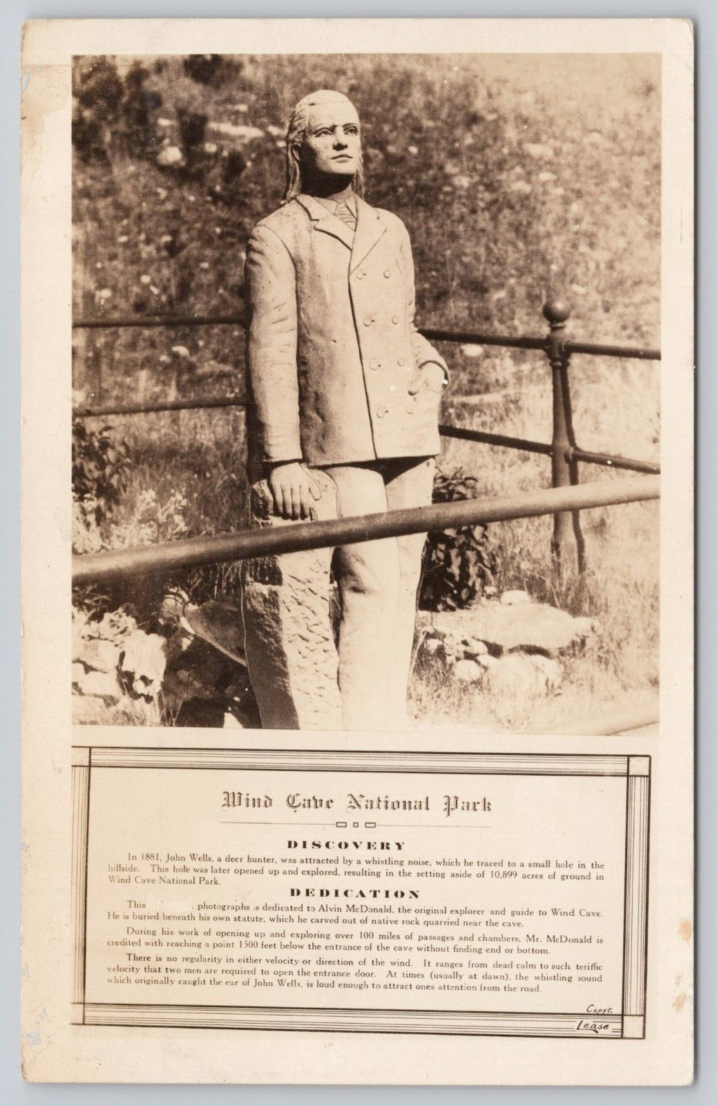 Postcard RPPC John Wells Statue Wind Cave National Park Hot Springs South Dakota