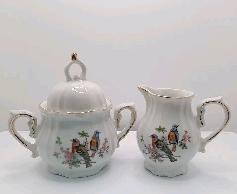 Small Vintage Royal Crown Creamer & Sugar Bowl Set W/Birds Made In Japan