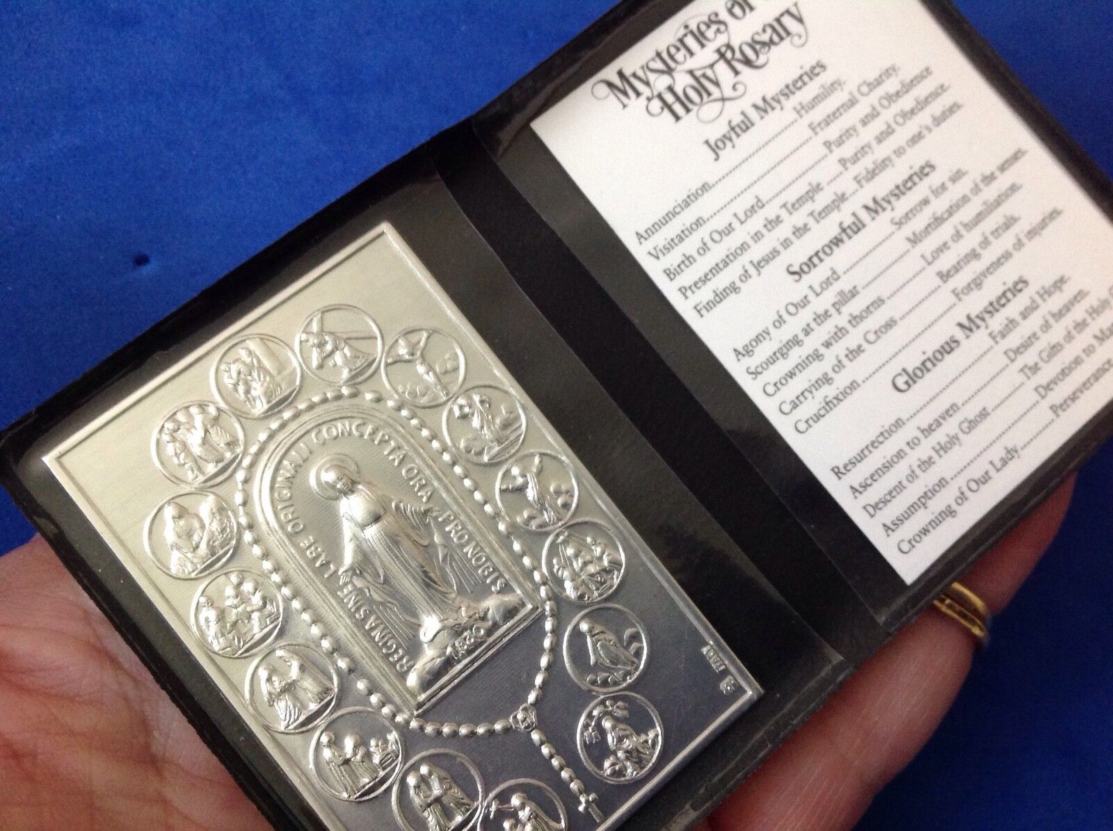 MYSTERIES OF THE ROSARY Silver Metal Saint Plaque Folder Pocket Catholic SHRINE
