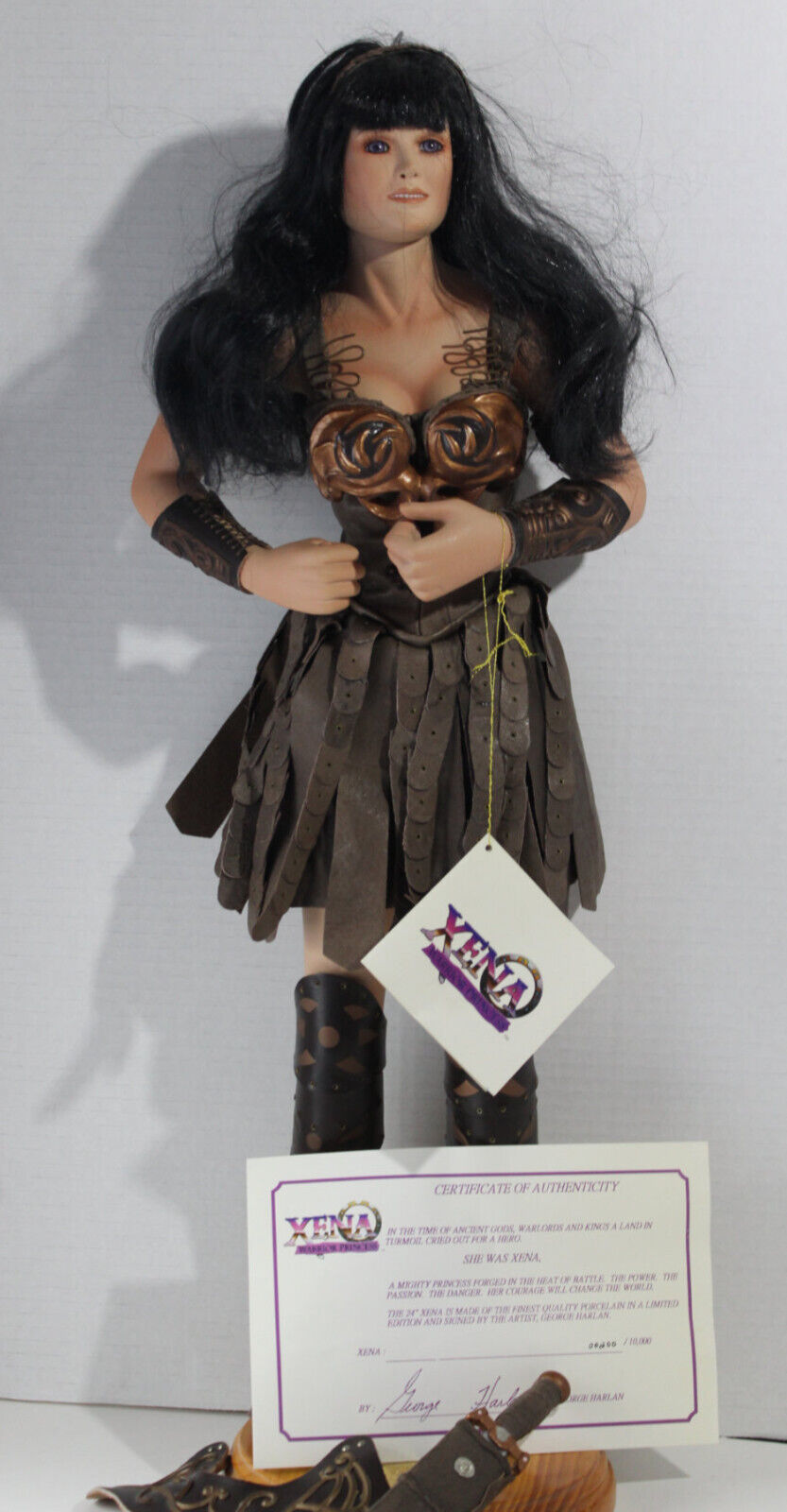 VINTAGE XENA 24 IN PORCELAIN DOLL FIGURE SIGNED GEORGE HARLAN W/COA NO BOX