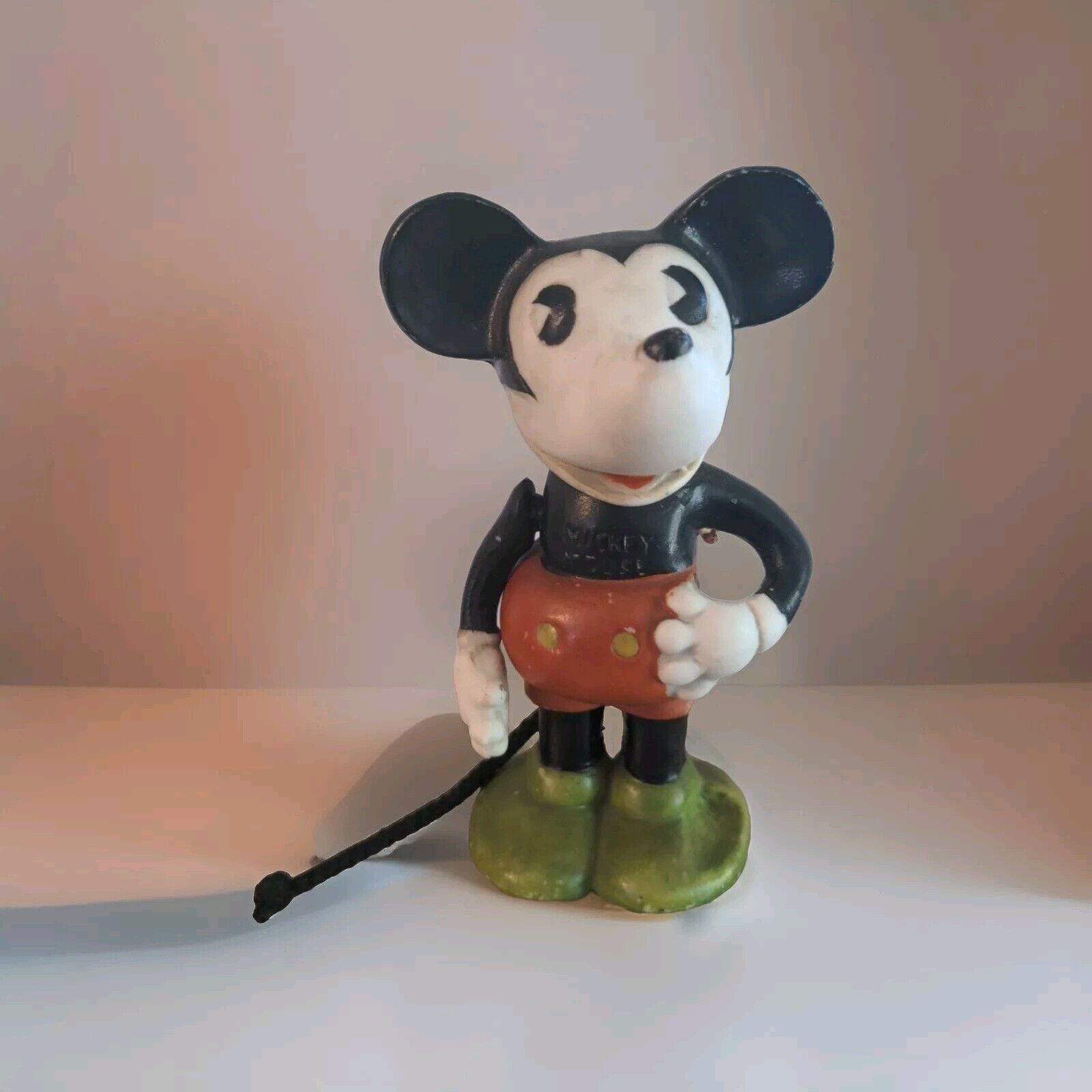 1930\'S MICKEY MOUSE MOVABLE ARM TOOTHBRUSH HOLDER W/LABEL JAPAN BISQUE FIGURINE