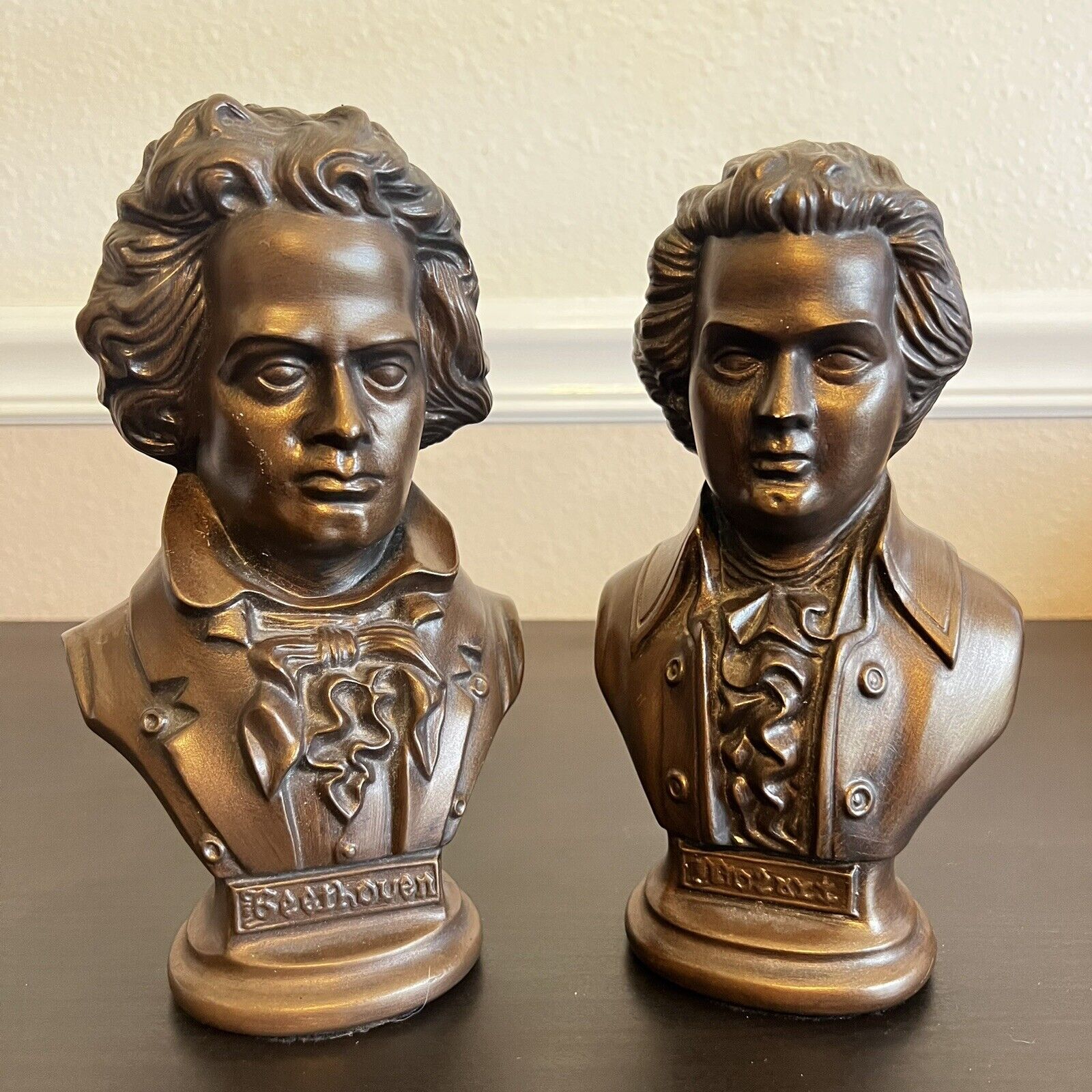 1970s Vintage Set Of 2 Beethoven & Mozart Ceramic Bust Sculpture Statue Bronze