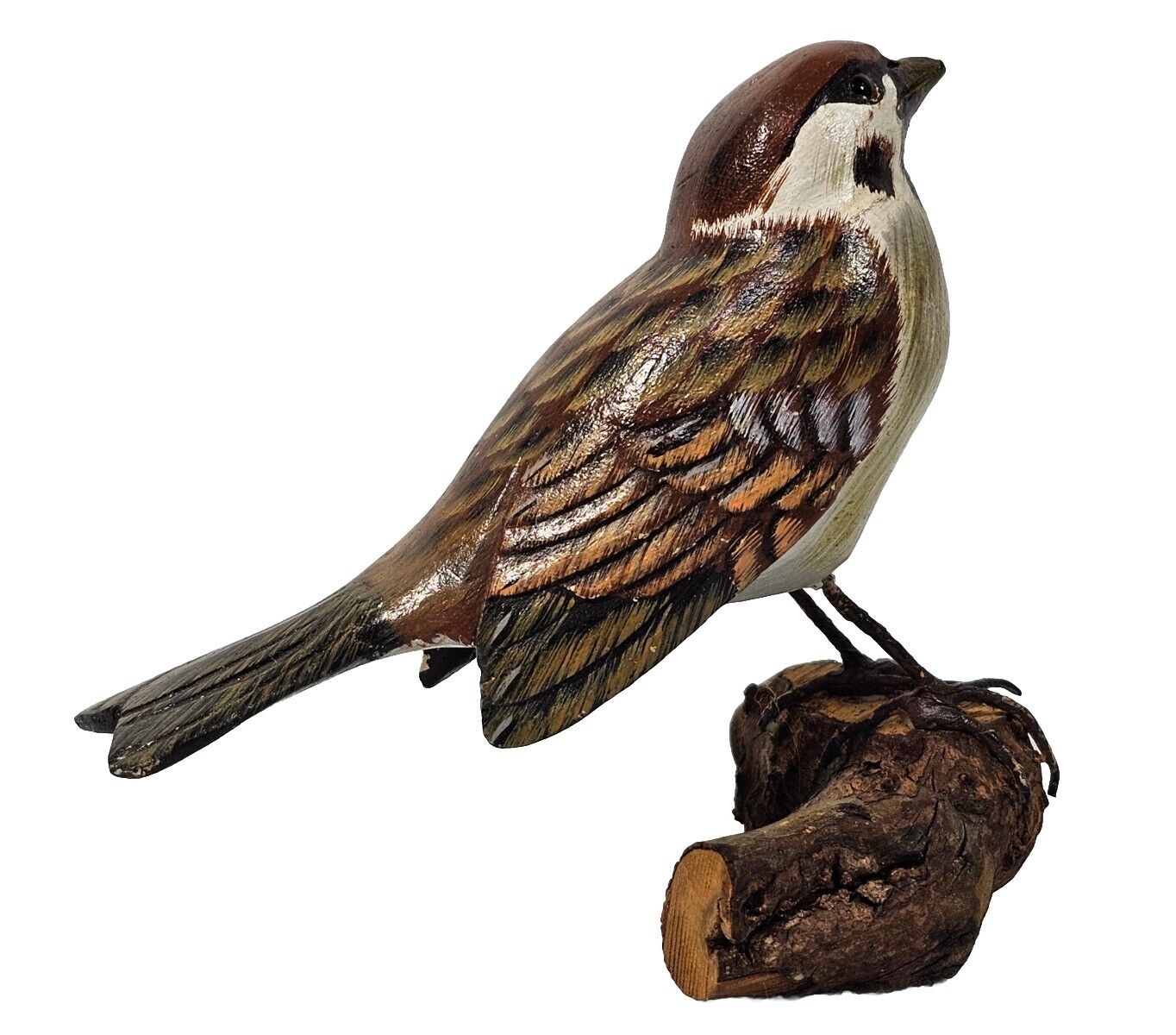 Vintage Hand Carved Painted Wooden Eurasian Tree Sparrow on Driftwood Folk Art