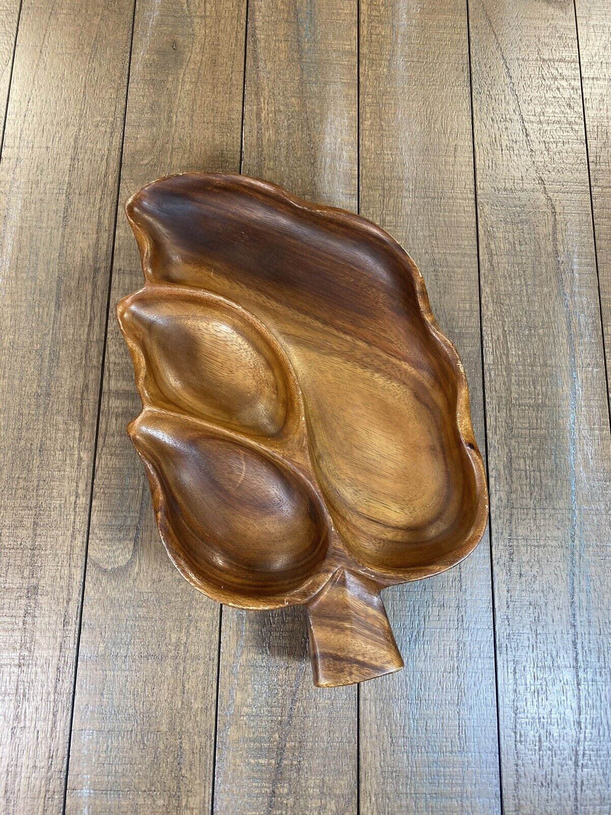 Vintage Monkey Pod Wood 3 Divided Serving Bowl Tray Hand Carved Leaf