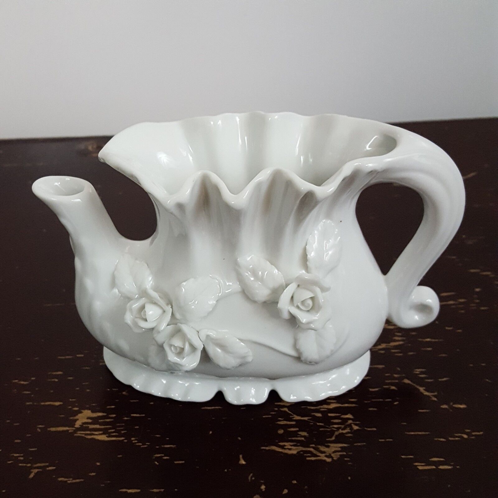 Vintage Molded Ceramic Pitcher Floral White Flowers Gravy Boat Creamer Porcelain
