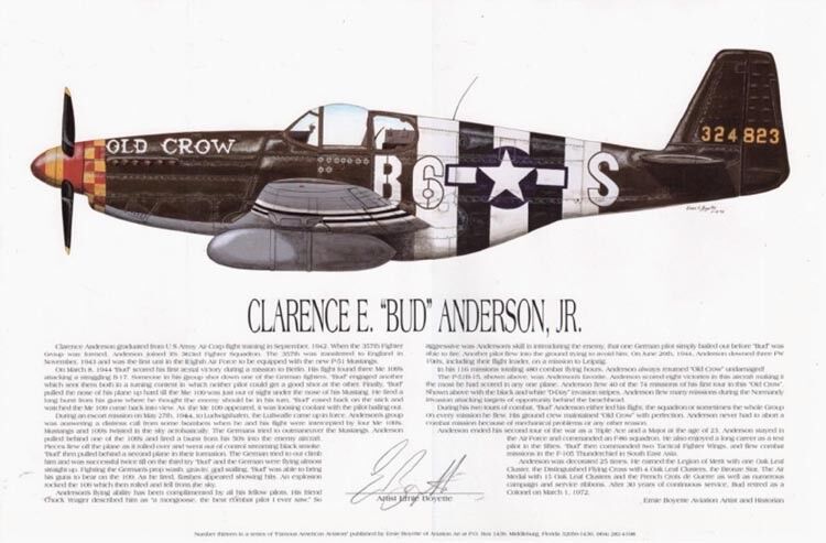 P-51 Mustang, Signed by Mustang Ace, Bud Anderson, Aviation Artist, E. Boyette
