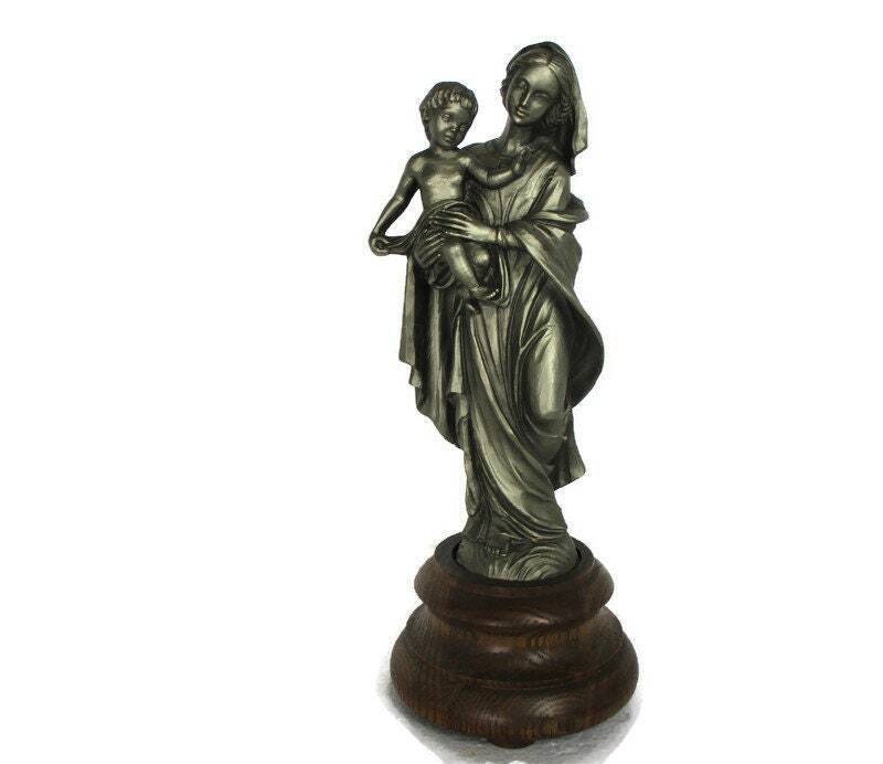 Virgin Mary Our Lady Madonna Resin Statue on Wooden Base Infant Child Rafael sty