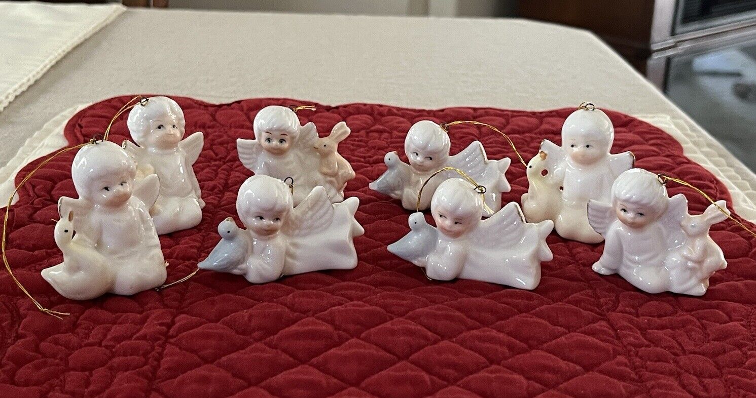 8 Vintage Porcelain Miniature Angel Ornaments with Duck, Bunny, Squirrel, Bird