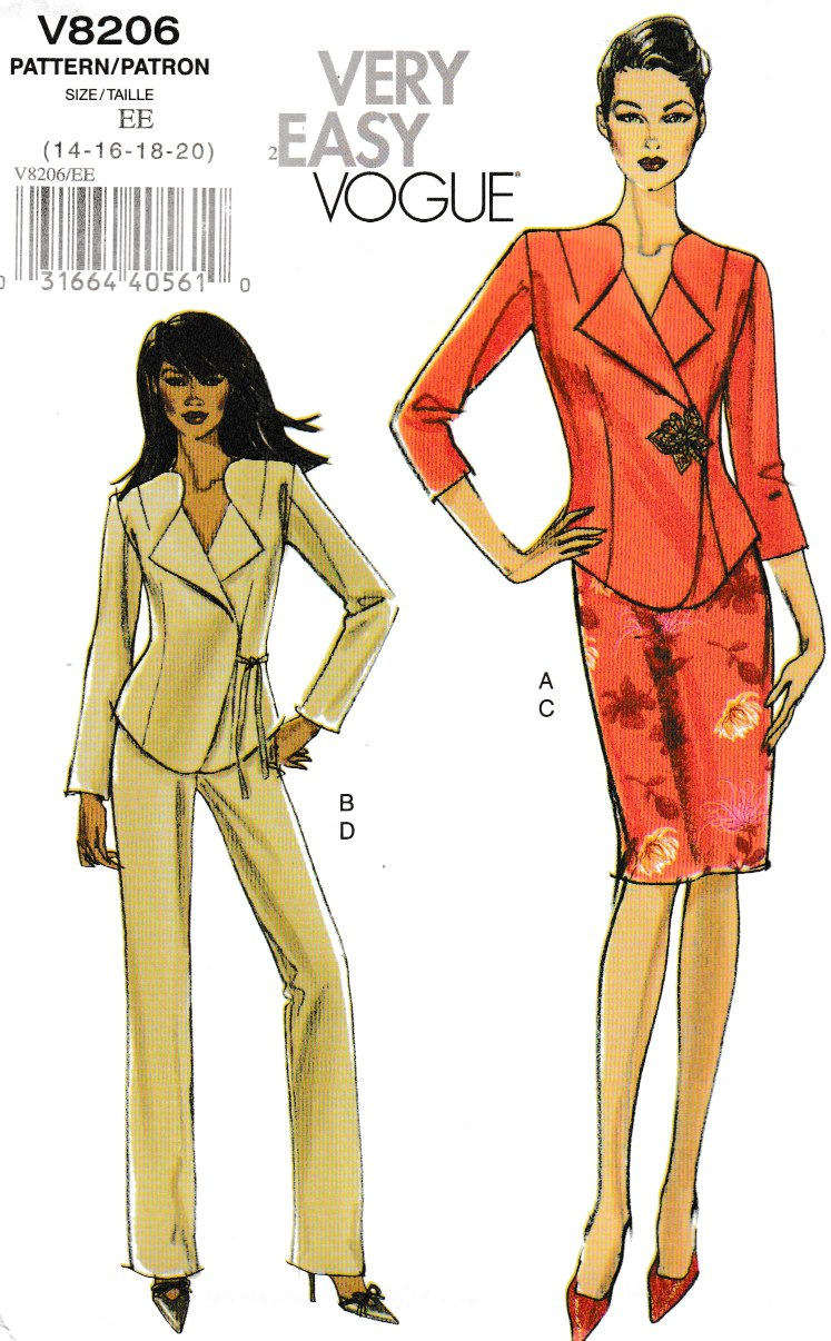 Vogue Pattern V8206 c2006, Misses Sexy Jacket, Skirt & Pants, Size 14-20; FF