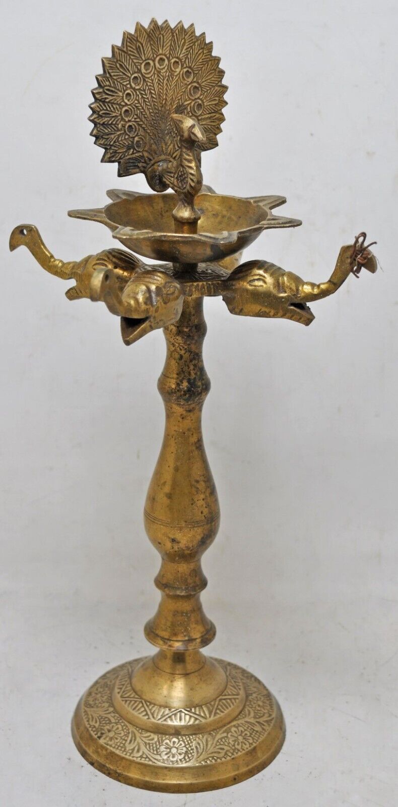 Antique Brass Temple Diya Oil Light Stand Original Old Hand Crafted Engraved