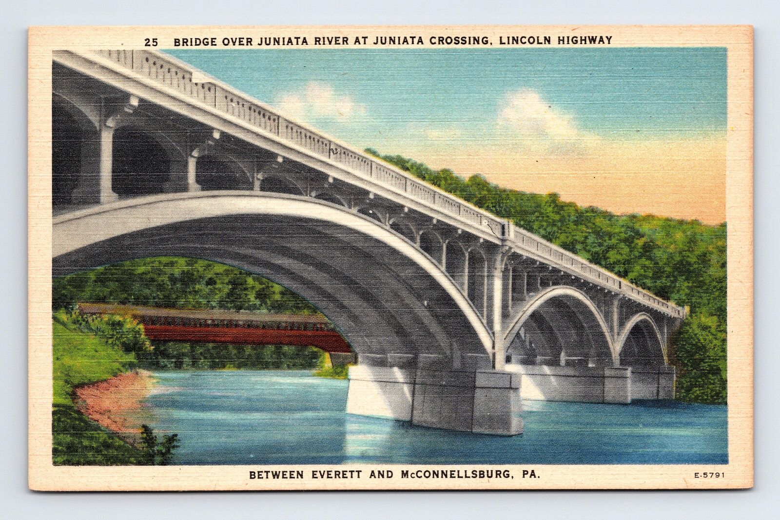 Linen Postcard Everett PA Pennsylvania Juniata Crossing Bridge Lincoln Highway