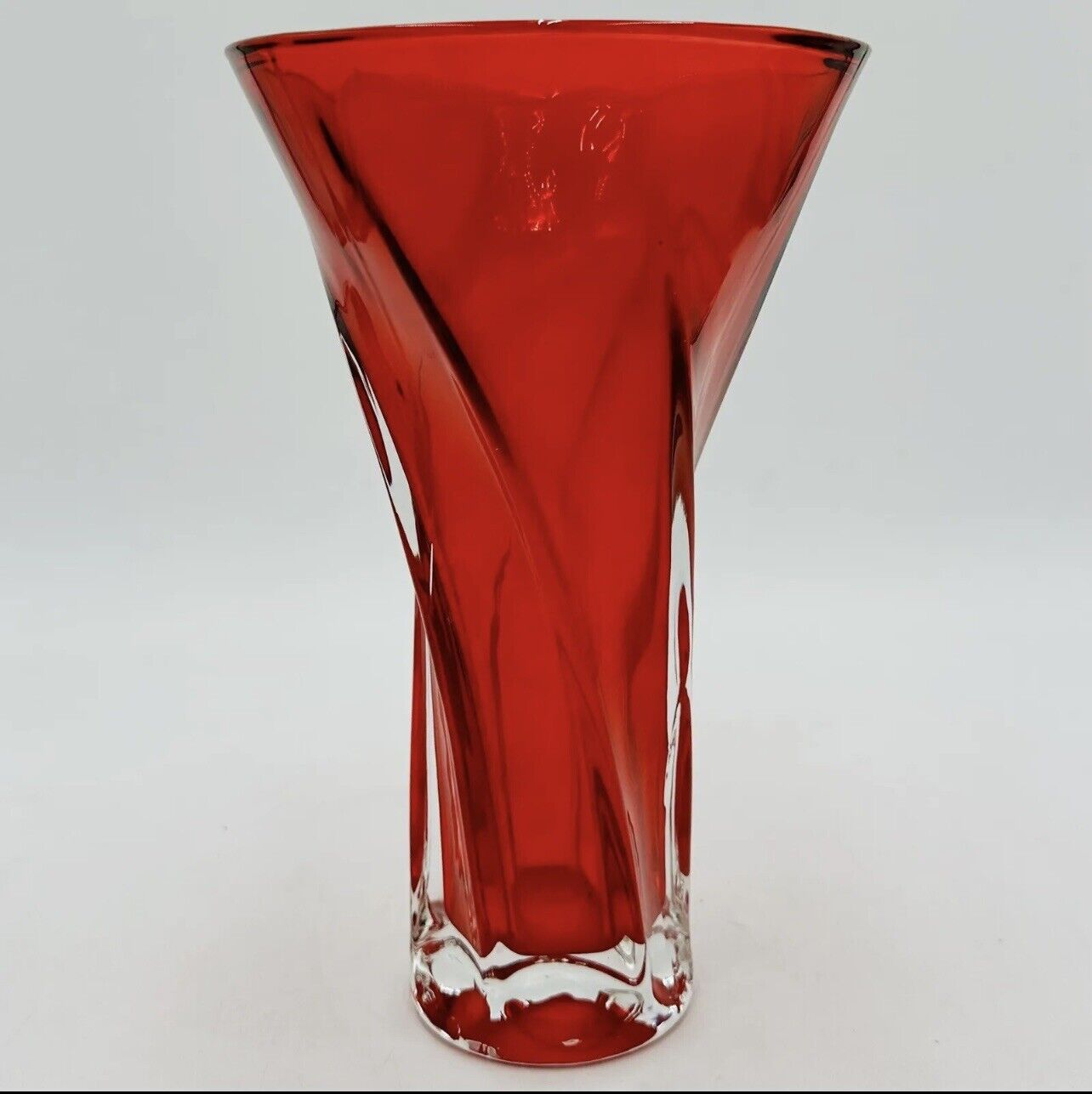 Ruby Red Art Glass Vase w/ Clear Glass Swirling Bottom, 9” Tall (BEAUTIFUL)