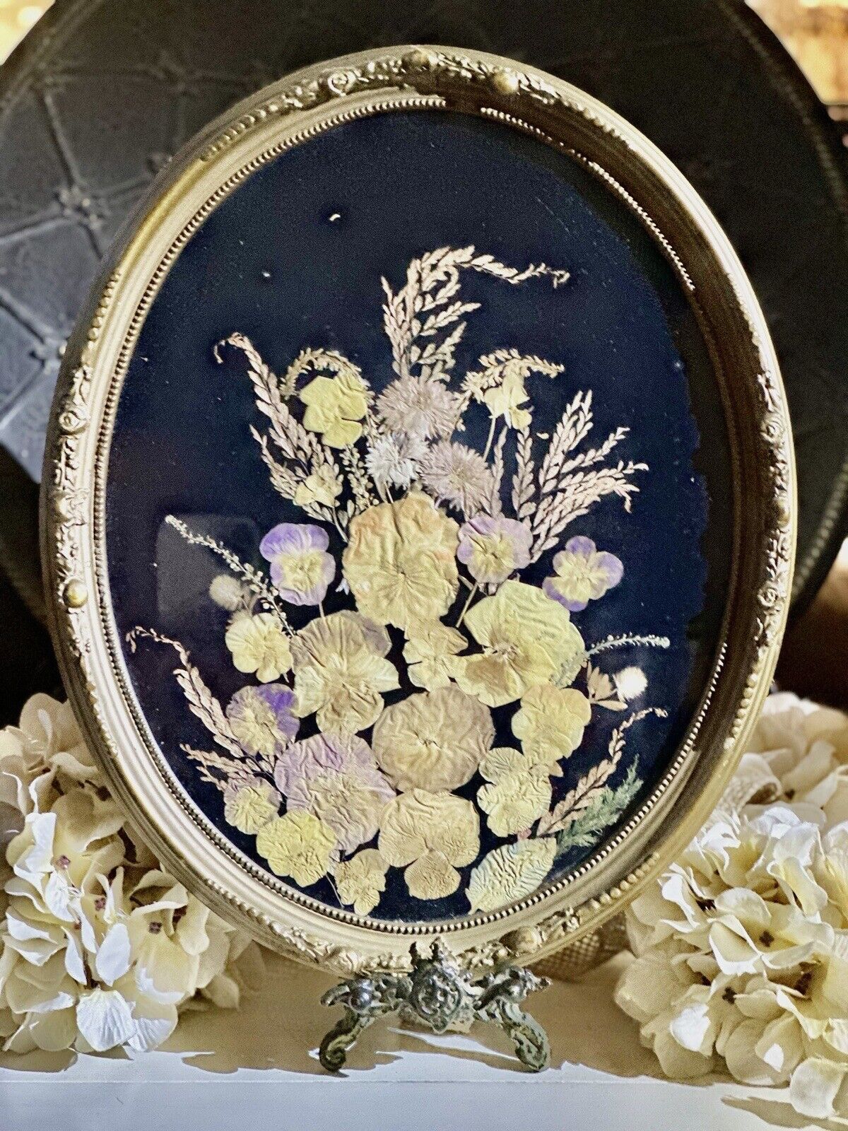 Antique Dried/Pressed Flowers Designed In Glass Oval Glass Frame13x16 Wall Decor