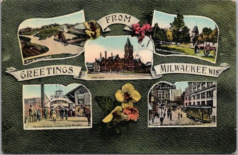 c1910s MILWAUKEE, Wisconsin Greetings Postcard Trolley, Steamer & Depot Views