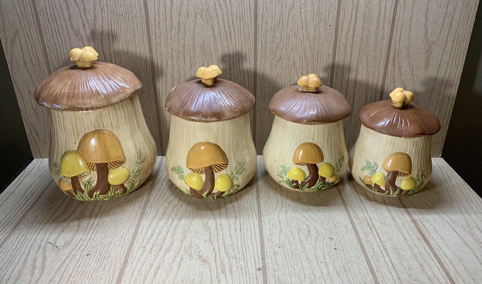 Vtg Arnel’s Mushroom Canister Set Ceramic Retro 1970s Kitchen Set of 4