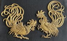 Vintage Golden Cast Metal Fighting Roosters Made In USA Vermay Mid Century Decor picture