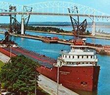 Soo Locks Sault Ste. Marie, Michigan Classic Cars Ships River Vintage Postcard picture