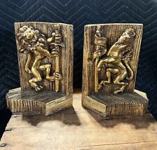 Stunning Vintage Large Heavy Gold Regal Lion Horse Royal Coat Of Arms Bookends picture