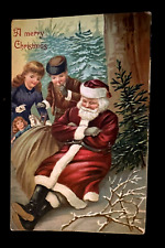 Christmas~Santa Claus Sleeping ~in Forest~Children Look at Toys~Postcard~k531 picture