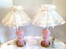 Vintage MCM French Art Glass Mottled Pink Murano Style Lamps with Shades picture