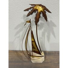 Vintage Brass Sailboat and Palm Tree on Onyx Base Sculpture Figurine Mid Century picture