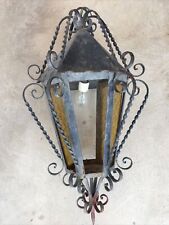 VTG Spanish Revival Gothic Style  Wrought Iron Stained Glass Hanging Light Lamp picture