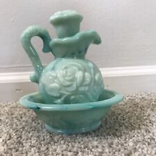 Vtg Avon 1986 Wash Bowl And Pitcher Decanter  Green Teal Blue Swirl Milk Glass picture