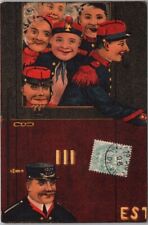 c1900s French Greetings Postcard Soldiers in Train / Conductor 