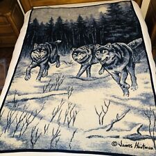 Vtg Biederlack Throw Blanket James Hautman Wolves Wolf Reversible Blue Gray USA picture
