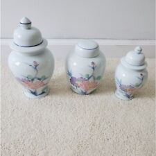Vintage Trio of Japanese White and Pastel Floral Ginger Jars/Urns picture