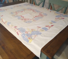 Unusual Vintage Blue Hydrangea Tablecloth w/ Red/Yellow Accent Flowers - 54 x 41 picture