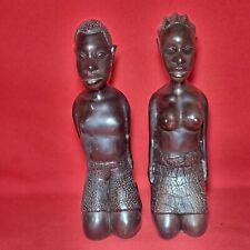 Vintage Hand Carved Wooden African Man Woman Kneeling Statue picture