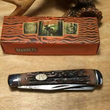 Marbles Brown Bone Etched Damascus Series Trapper 4 1/8