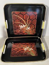 Vintage Lacquerware Set Of 2 Serving Trays Japan Wheat/glass Red Black Gold picture