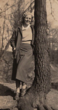 3i Photograph Beautiful Woman Lovely Lady Posing By Tree Trunk Beret 1920-30's picture