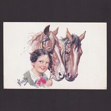 Vintage postcard, Girl with horses, Unposted picture