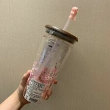 Starbucks Tumbler Pink Sakura Double Glass Straw Cup 591 ml+ Wooden Lid + Plug picture