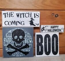 Vintage Lot of 4 Wood Halloween Block Signs Witch, Skull & Crossbones, BOO  picture