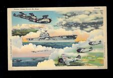 Aviation Postcard WWll US Naval Air Base, Ship, Planes Military Linen picture