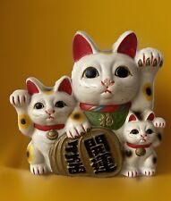 Japan Antique Ceramic Triple LUCKY CAT MANEKI NEKO Right Hand Good Fortune Bank picture