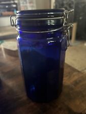 Vintage Cobalt Blue Glass 12 Panel Canister Jar w/ Wire Bail Lid 8” Farmhouse picture
