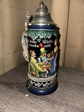 Vintage German 'Hunters' Farewell'  Wind Up Musical Beer Stein with Pewter Lid picture