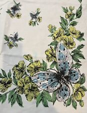 Vintage 50s Butterfly Floral Tablecloth Botanical Square Flowers Leaves 46 X 51 picture