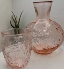 Vintage Floral Pink Glass Bedside Water Jug And Glass Personal Water Carafe picture