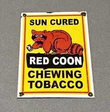 VINTAGE 12” RED RACOON CHEWING TOBACCO MOTOR OIL PORCELAIN SIGN CAR GAS picture