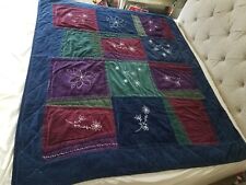 Vintage Homemade Velvet Quilt  w/Embroidered Flowers 48