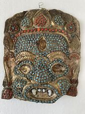 Vintage Nepalese/Tibetan 3-Eyed Handmade Coral & Blue Beads Mahakala Brass Mask picture