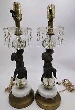 Pair of Vintage Hollywood Regency Cherub Brass Marble Crystal Table Lamps 18.5
