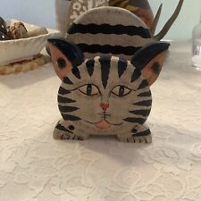 Beige Black cute happy folk art zebra Cat wood napkin holder 5
