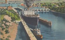 c1930s Seattle Washington canal locks tugboat people linen postcard A672 picture